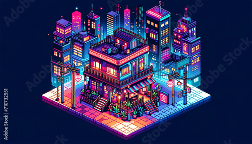 Pixel art style of a house in isometric view with an environment of punk and neon buildings.