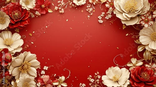Cute red and gold Chineese floral frame background with copy space