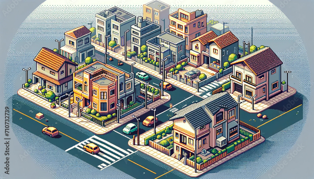 Pixel art style of a house in isometric view with an environment of punk and neon buildings