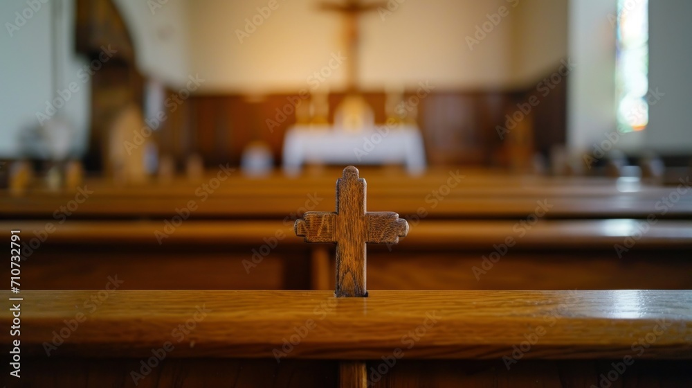Wooden Cross on Empty Pew for Ash Wednesday. Ash cross on an empty pew, symbolizing Ash Wednesday, simple wooden church interior, somber and introspective mood