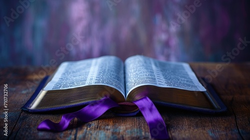 Open bible with purple ribbon bookmark on Ash Wednesday, ash cross visible on the page, feeling of devotion and quiet reflection