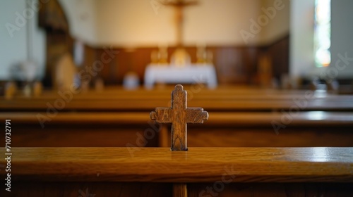 Wooden Cross on Empty Pew for Ash Wednesday. Ash cross on an empty pew, symbolizing Ash Wednesday, simple wooden church interior, somber and introspective mood