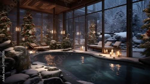  a hot tub surrounded by snow covered trees and a lit candle in front of a large window with a view of a snowy landscape.