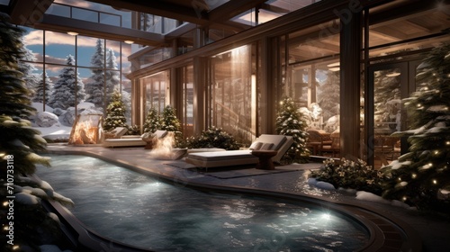  a hot tub surrounded by christmas trees in front of a large window with a view of the snow covered mountains.