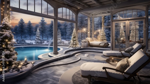  a living room filled with furniture and a christmas tree next to a swimming pool in the middle of a snow covered forest.