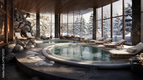  a large indoor swimming pool with chaise lounges and a view of the snow covered trees outside the window.
