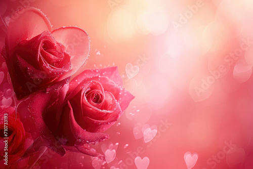 Beautiful romantic background with roses  hearts and bokeh lights