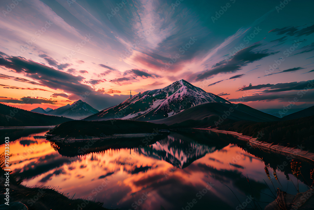 Obraz premium Beautiful Mountain Sunrise Landscape AI Generated Image