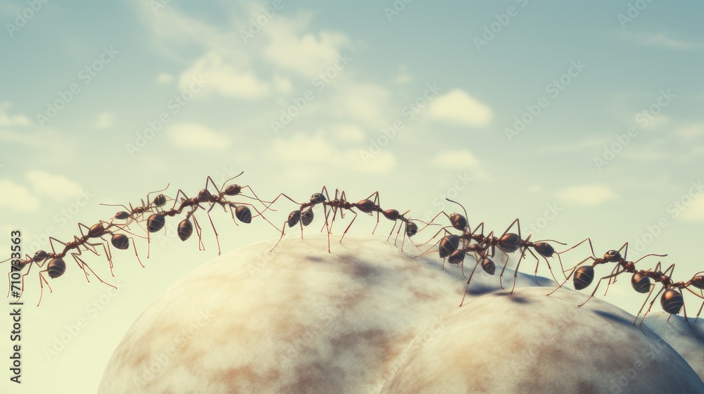 a group of ants standing on top of each other on top of a large white object in the middle of a cloudy sky.