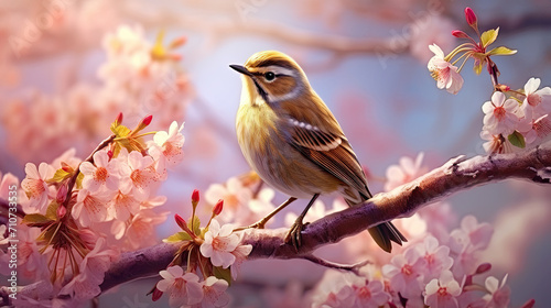 Nightingale bird sitting on branch of blooming cherry tree. Postproducted generative AI illustration.   © LeArchitecto