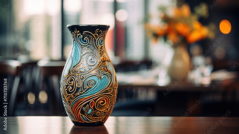 a colorful vase sitting on top of a wooden table next to a vase with a flower arrangement in the background. a colorful vase sitting on top of a wooden table next to a vase with a flower arrangement in the background.