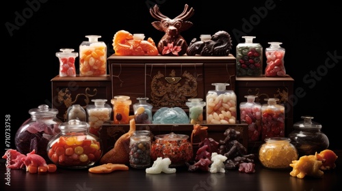  a table topped with lots of different types of candies and candies in glass jars next to each other.