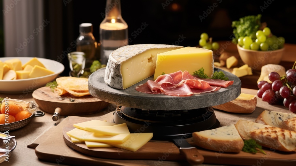  a variety of cheeses, meats, and breads are arranged on a platter on a table.