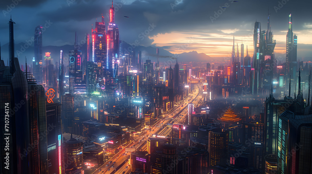 Fototapeta premium neon-lit futuristic cityscape at dusk with flying cars