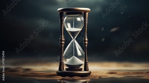  an hourglass sitting on top of a sandy beach next to a dark sky with a light shining on it.