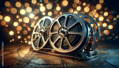 old cinema film reels with a bokeh background.