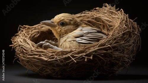  a bird that is sitting inside of a bird's nest with it's head turned to the side.