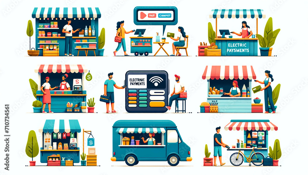 Vector illustrations in flat design style about electronic payments in businesses. Vector illustrations in flat design style about electronic payments in businesses.