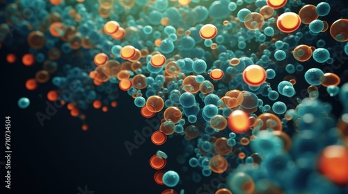  a bunch of orange and blue bubbles floating on top of a dark blue and orange background with a black background.