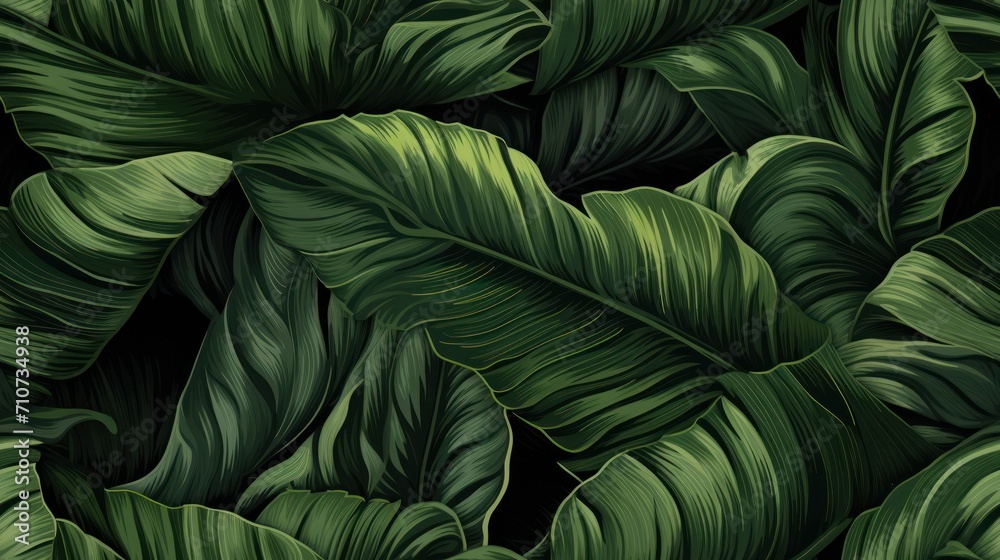  a close up of a bunch of green leaves on a black background with a pattern of large, green leaves.