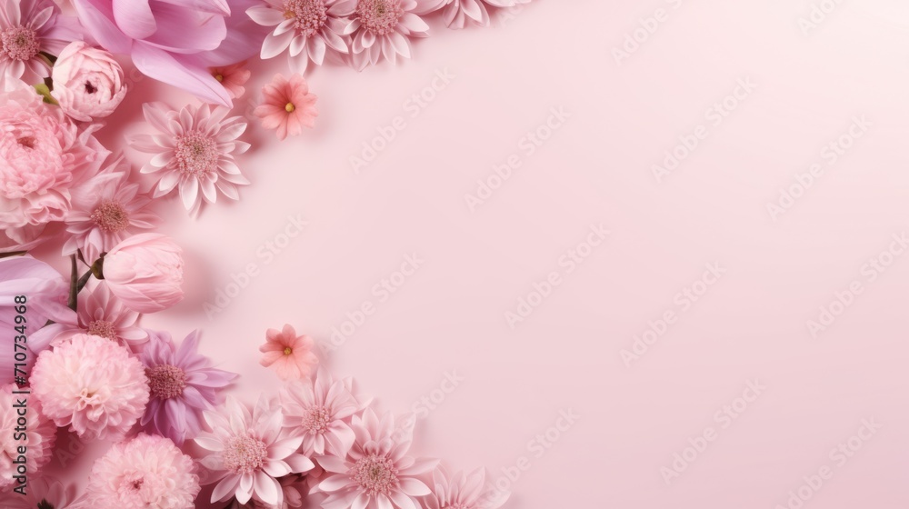  a bunch of pink flowers on a pink background with a place for a text or an image of a bouquet of pink flowers on a pink background.