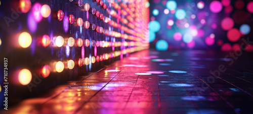 Disco style background with neon blue and purple lights, bokeh