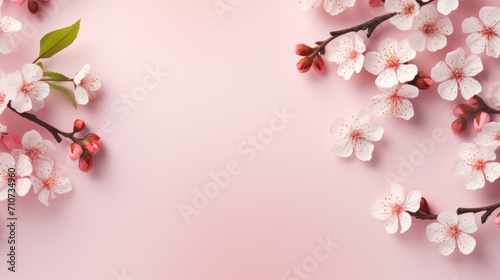  an overhead view of a branch of a blossoming cherry tree with white and pink flowers on a pink background.