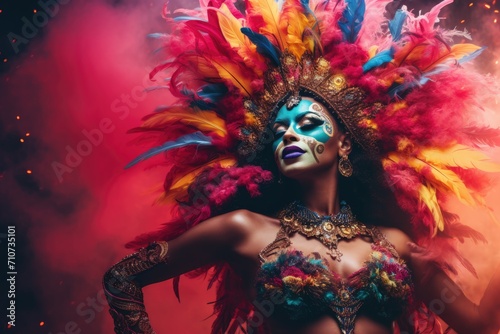 Exotic Glamour: The Brazilian Samba Queen, sensual and energetic performance, donning an extravagant costume adorned with sequins, feathers, and a burst of vibrant colors during the Rio Carnival