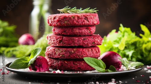  a stack of hamburger patties sitting on top of a plate next to lettuce and a bottle of wine.