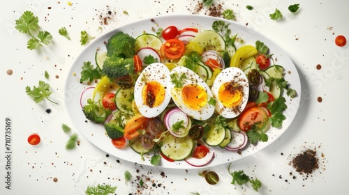  a white plate topped with hard boiled eggs surrounded by veggies and seasoning on top of a white table.