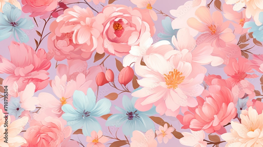  a bunch of pink and blue flowers on a light purple background with pink, blue, pink, and white flowers.