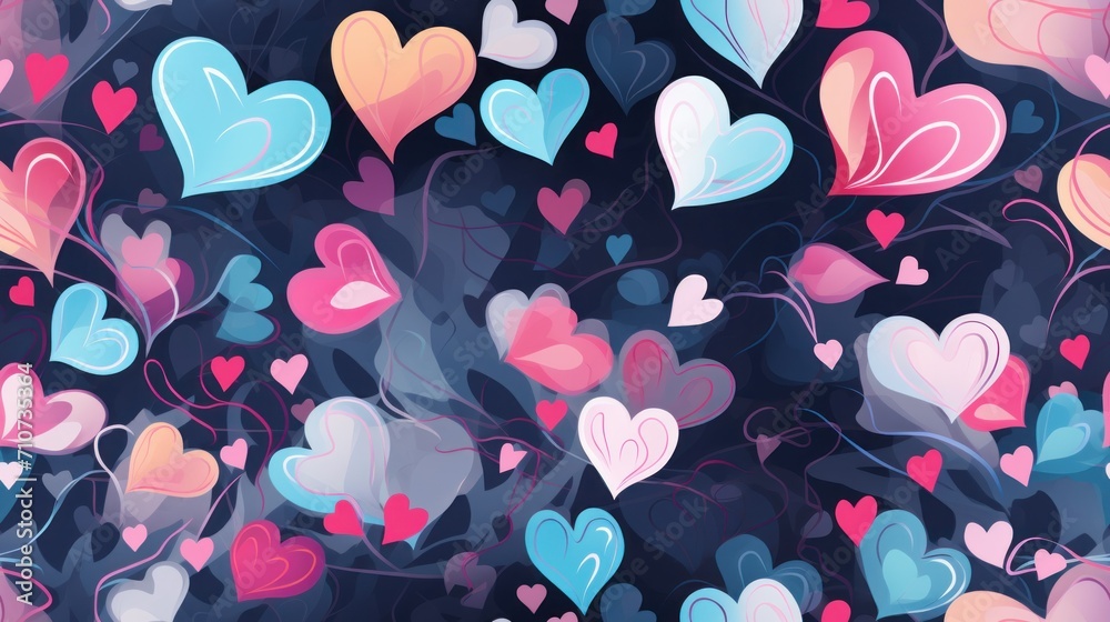  a bunch of hearts that are flying in the air with a blue sky and some pink, red, and blue hearts in the background.