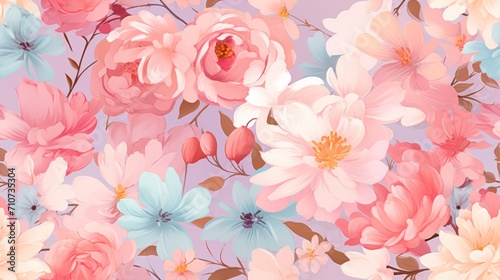  a bunch of pink and blue flowers on a light purple background with pink  blue  pink  and white flowers.