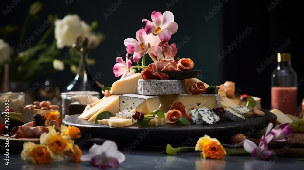  a platter of cheese and flowers on a table with a bottle of wine and a bottle of wine in the background.