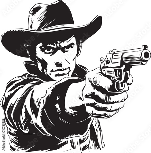 Retro cowboy hold gun, Hand Drawn Cowboy shoots a revolver Vector illustration