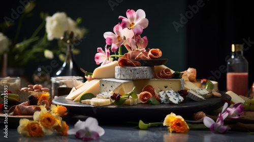  a platter of cheese and flowers on a table with a bottle of wine and a bottle of wine in the background.