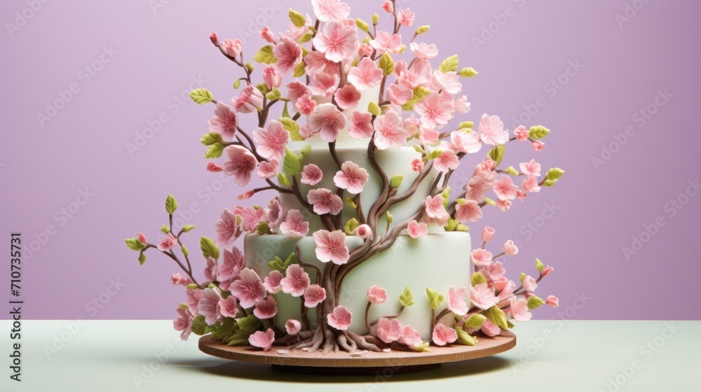 a cake with pink flowers on top of it on a wooden platter with a purple wall in the background. a cake with pink flowers on top of it on a wooden platter with a purple wall in the background.