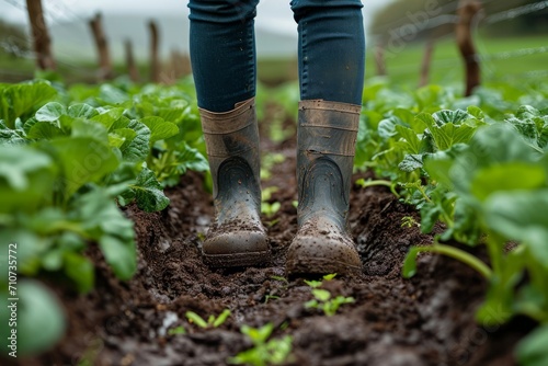 Young farmer wearing rubber boots standing in farm