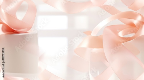 a close up of a white cake with pink ribbons on the top of it and a window in the background.