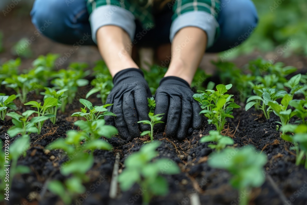 Fototapeta premium Young farmer planting seedlings in farm