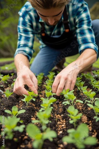 Young farmer planting seedlings in farm