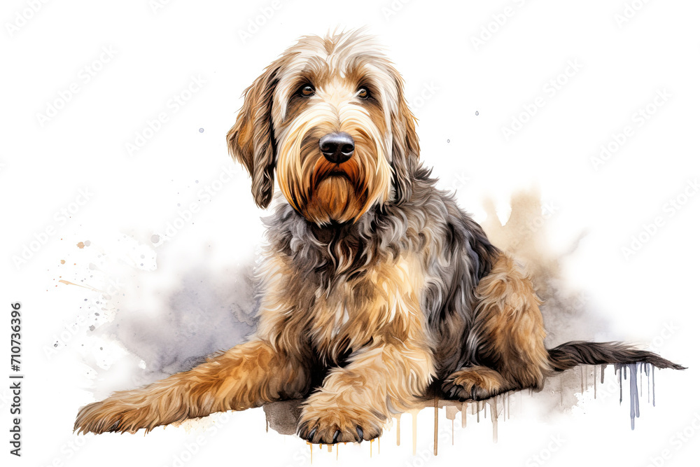 An otterhound, bred originally for otter hunting. A native English breed that is now vulnerable. Digital watercolour on white. - obrazy, fototapety, plakaty 