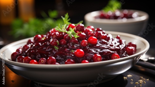  a white bowl filled with cranberry sauce and garnished with a sprig of parsley.