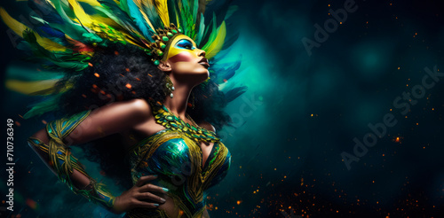 Exotic Glamour: The Brazilian Samba Queen, sensual and energetic performance, donning an extravagant costume adorned with sequins, feathers, and a burst of vibrant colors during the Rio Carnival