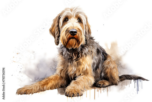 An otterhound, bred originally for otter hunting. A native English breed that is now vulnerable. Digital watercolour on white.