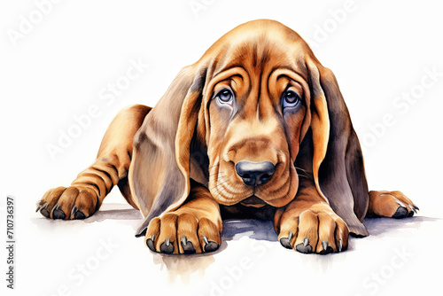 A cute bloodhound puppy on white background. Digital watercolour. photo