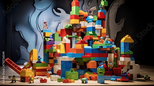  a pile of colorful legos sitting on top of a wooden table next to a giant wall of building blocks.