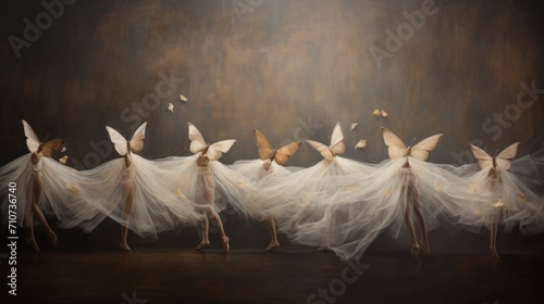  a group of ballet dancers in white tulle skirts with butterflies on their wings, in front of a dark background. photo
