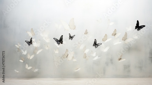 a group of black and white butterflies flying in the air in front of a frosted glass wall in a room. photo
