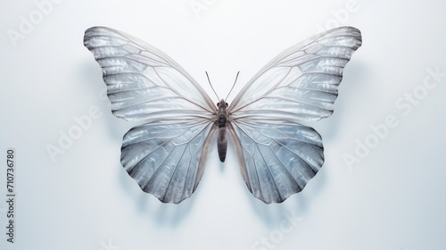  a close up of a butterfly on a light blue background with a shadow of the butterfly on the left side of the frame.